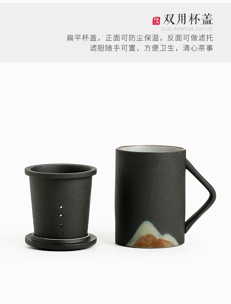 Japanese-Style Hand Painted Mountain View Large Capacity Mug Office Ceramic Home Filter Three-Piece Set Tea Cup Cover