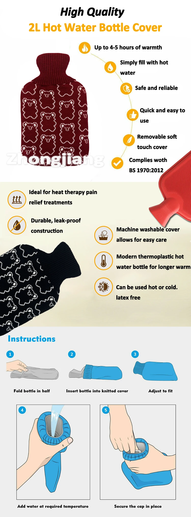 cheapest rubber hot water bottle super soft knit cover custom wholesale high capacity hot water bag 2l for pain relief