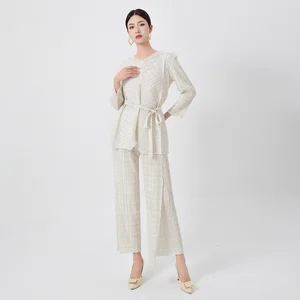 Miyake Pleated Women's Two Piece Sets Long Sleeve T-Shirt Tops Ladies Loose Pants Original Designer Causal Clothing Sets