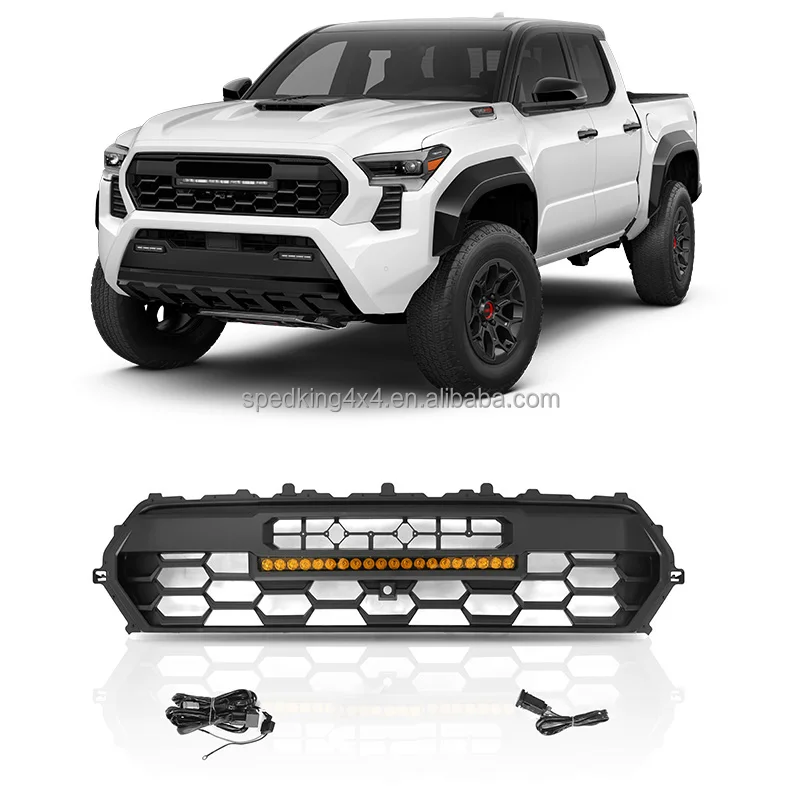Spedking Grille Avant de Pare-chocs de Voiture de Haute Qualité avec Barre LED avec Feux Ambre pour Toyota Tacoma 2024 Grille de Voiture
