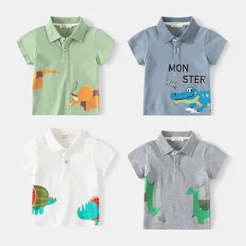Dinosaur Pattern Casual Boys' Polo Shirt Short Sleeved Cute Cartoon Lapel Children's POLO Shirt Moisture Wicking Children's Tops