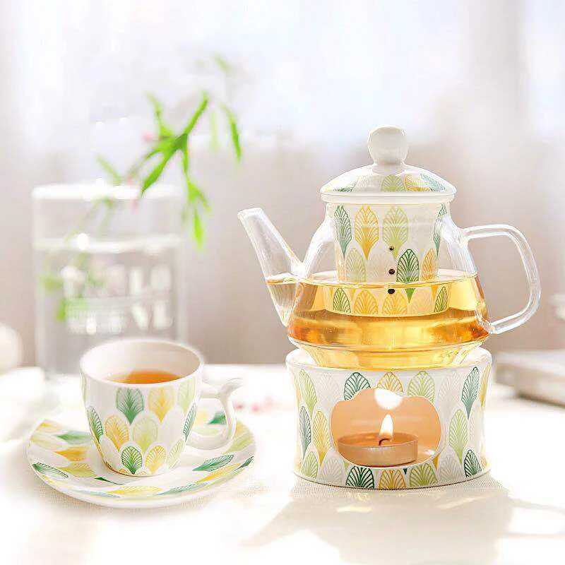 New Bone China Tea Set with 200ml Glass Pot and 2pc 80ml Coffee Cups Infuser Filter and Warmer for Parties Drinkware