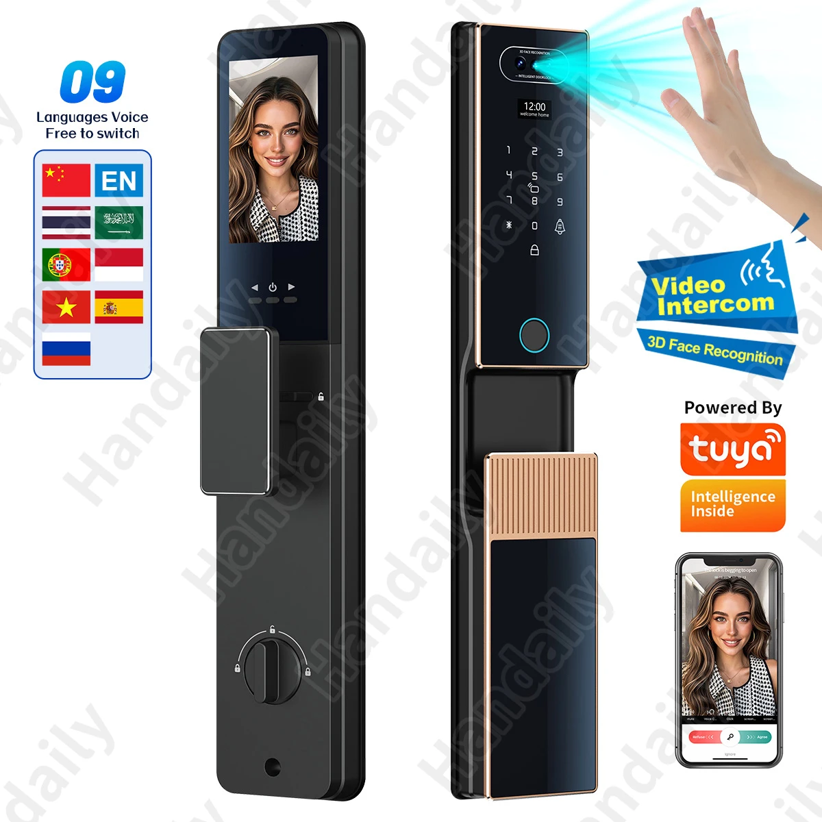 Fechadura Digital Security Lock 3D Face Recgonistion Palm Vein Tuya Wifi Smart Door Lock With Intercom Camera and Fingerprint V80