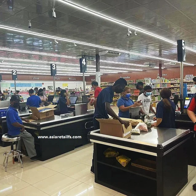 Supermarket Cash Register Stand With Conveyor Belt With Rotating Bag