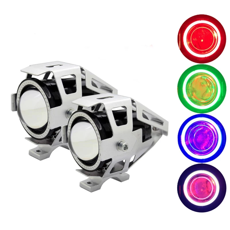 2 x Motorcycle Headlights with Angel Eyes Lights U7 DRL Fog Lights for Cars, Bikes, Boat, ATV Headlights, High/Dim/Strobe 3 Modes 6500K White Color Switch Included