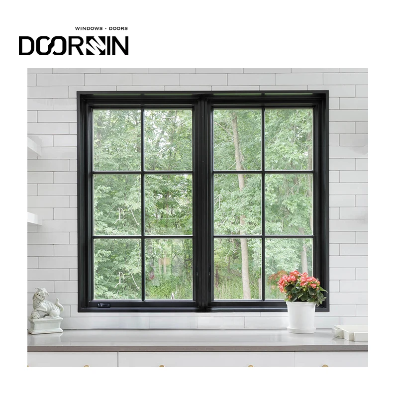 American Style Wooden Casement Windows Grid Design Effective Insulation Aluminum Clad Wood Hand Crank Windows