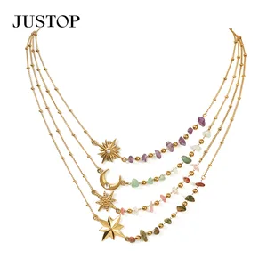 Moon Charms Pendant Gemstone Crystal Beads Stainless Steel 18K Gold Plated Link Chain Necklace for Women Gift Jewelry