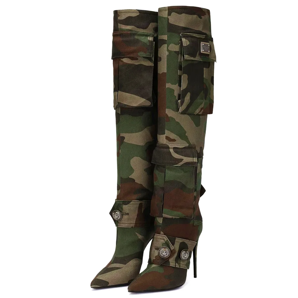 New Styles Camouflage Cloth Boots High Heel Fashion Large Size With Belt Women Over The Knee Boots - Image 1