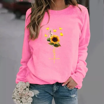 Manufacturers wholesale sunflower butterfly print loose women's hoodies and sweatshirts oversized crew jumpers for women