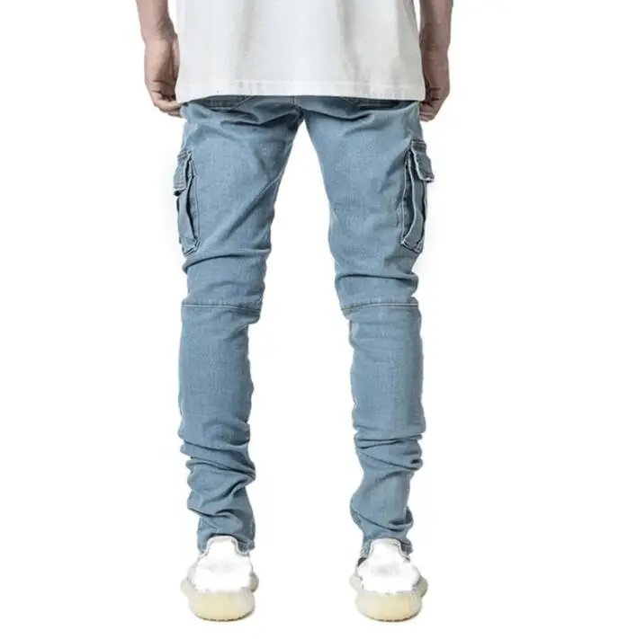 Factory custom jeans Black blue denim Cargo pants multi pocket slim fit Men's overalls jeans