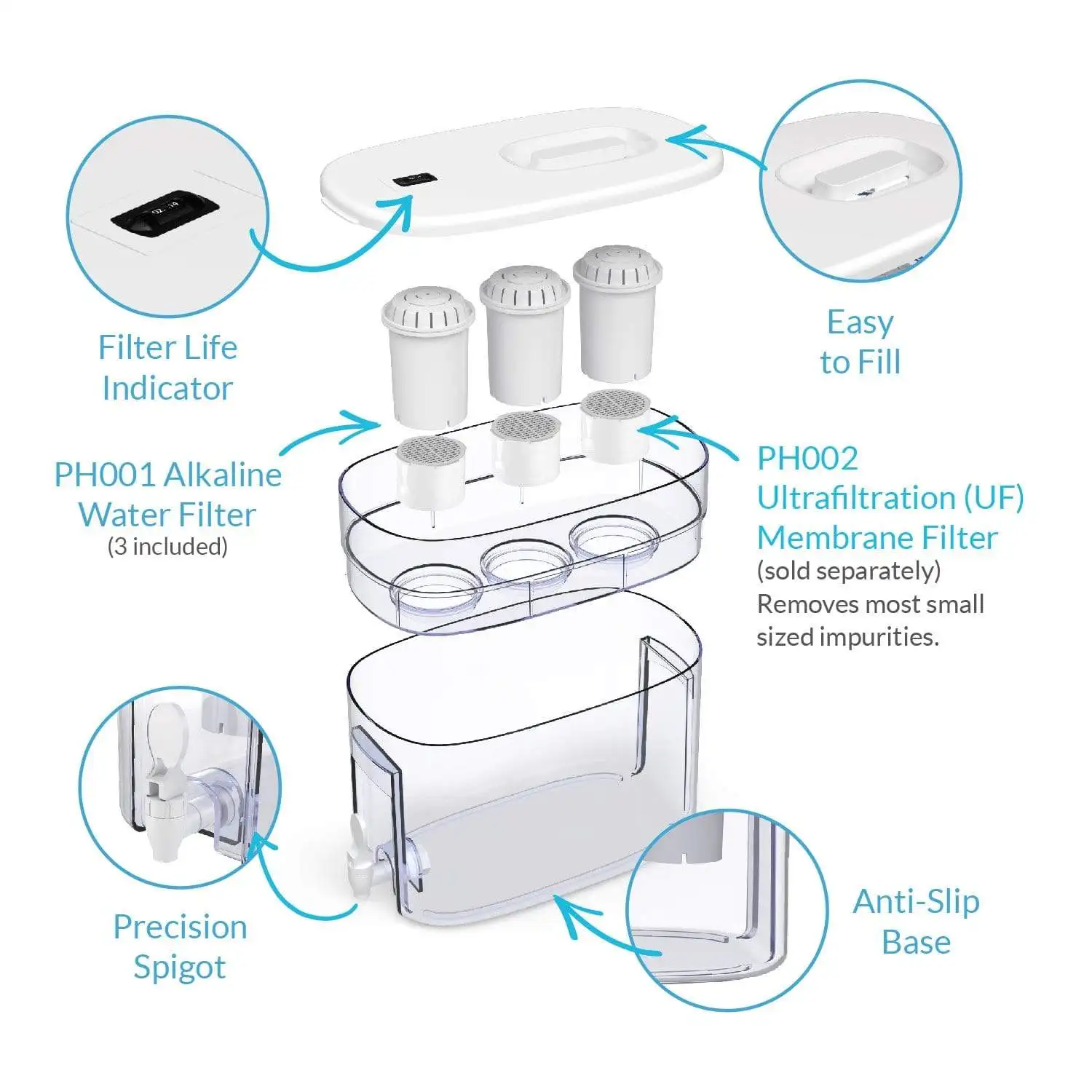 9l White Fressia Remove Bacteria Activated Carbon Alkaline Water Filter