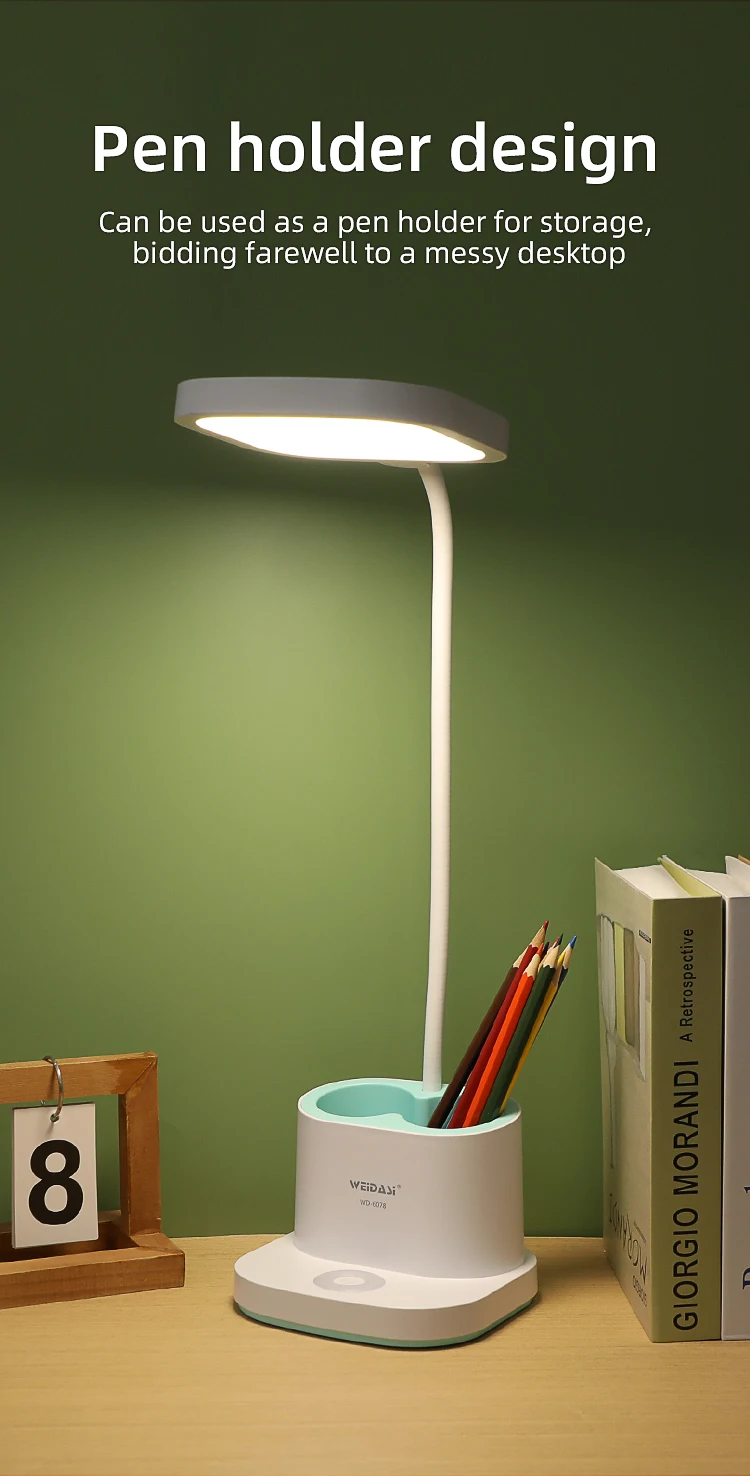 Bright Rechargeable Student Table Lamp Portable Plastic Led Bed Side Reading Desk Lamp with Pencil Holder and USB