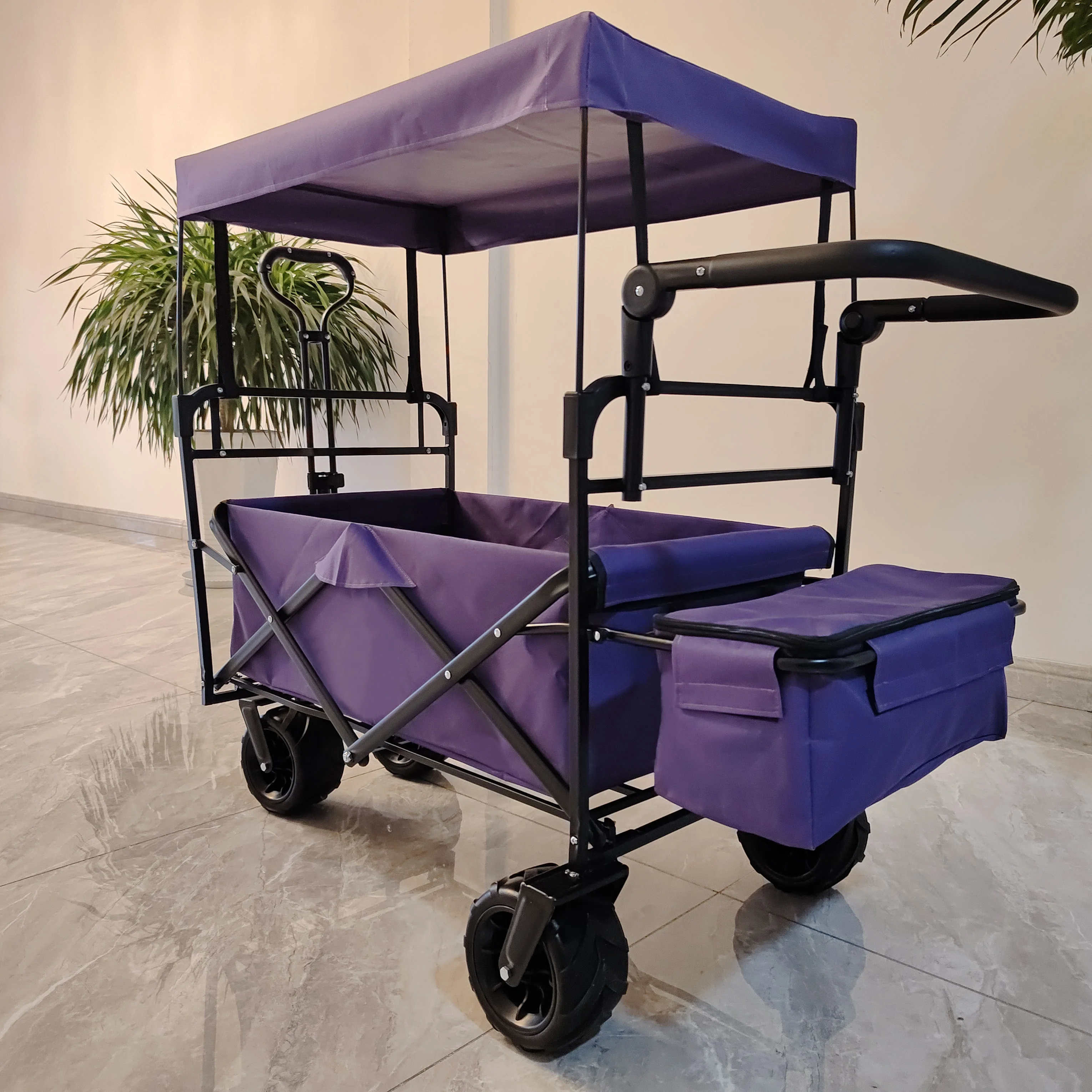 Outdoor Camping Folding Wagon Canopy On Top Adjustable Handle Wide Wheel Purple
