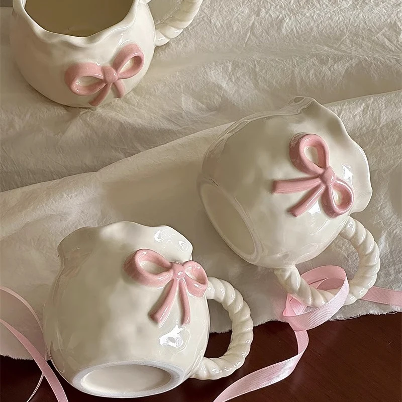 Factory Directly Sell Ins Cute Embossed pink Bow Ceramic Coffee Cup Girl Heart Princess Gift Mug