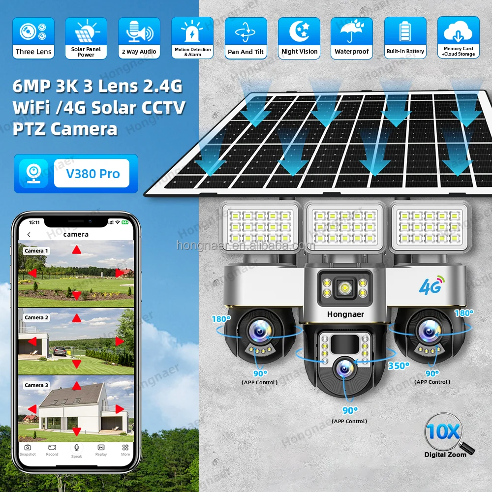 Hongnaer 6MP 3 Video 3 Lens Wireless Solar Panel Powered CCTV PTZ Camera V380 Pro Outdoor WiFi 4G Sim Card Solar Security Camera