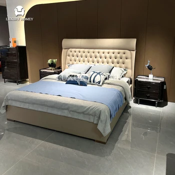 Modern Wood Frame King Bed Set with Custom Soft Upholstery Leather Comfortable 10-Year Warranty for Hotel or Home Use
