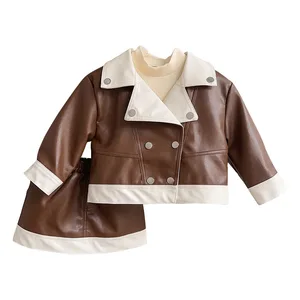 Girls Skirt Set Autumn Winter 2026 Fashion Leather Coat Skirt Children's Clothing Two-piece Set