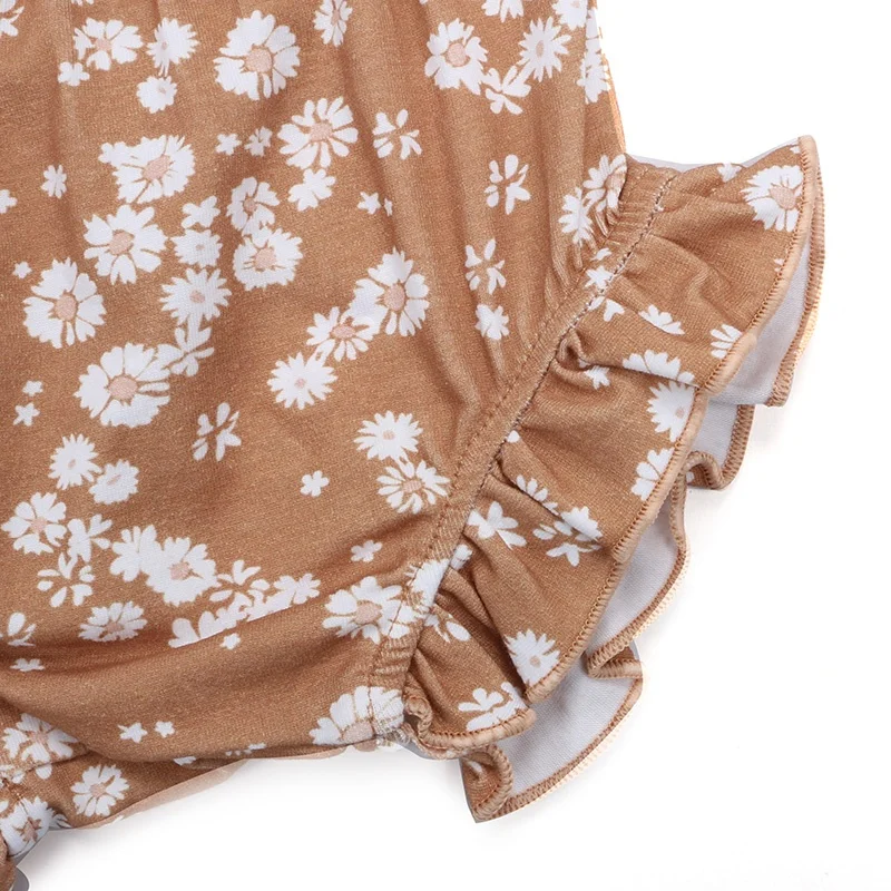 Оптовая продажа бутик детской одежды коричневые маленькие эластичные шорты с хризантемой для девочек повседневные кружевные ноги детские шаровары