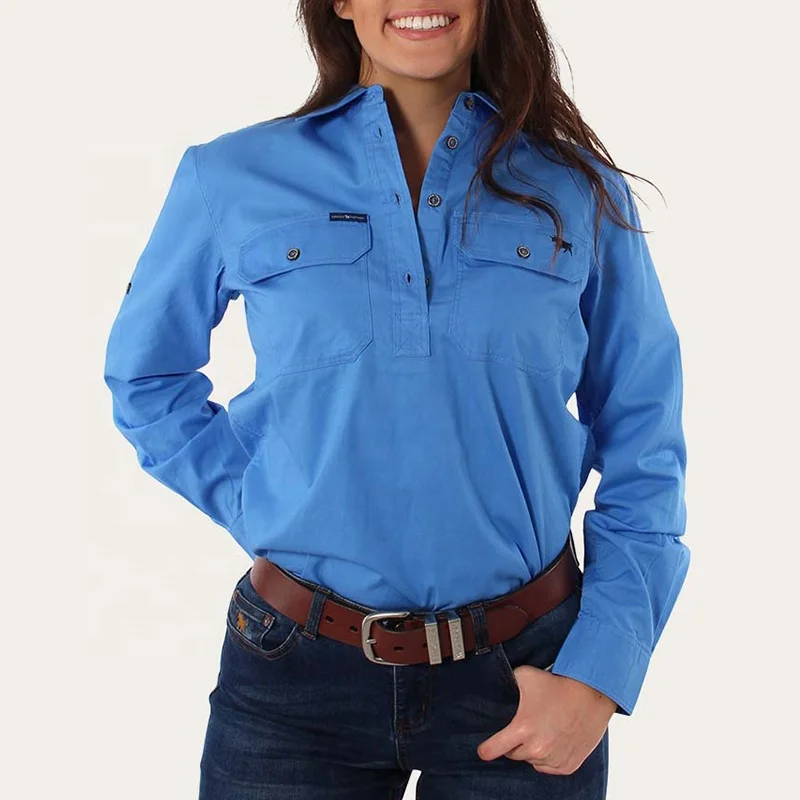 Women Cotton Drill Button Up Work Shirts For Women Long Sleeve Turn