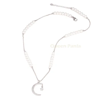 Panla Queen Mother of pearl pendant Necklace 925 Sterling silver fashion necklace moon and star bijoux