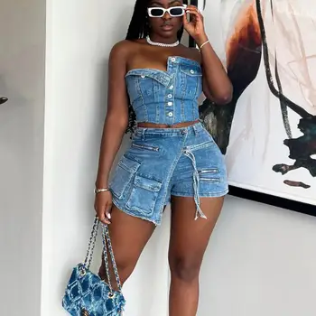 DK 23ST123005 Trending Jeans Shorts Two Piece Outfits Stretch Jean Tube Top with Denim Cargo Skorts 2 Piece women clothes