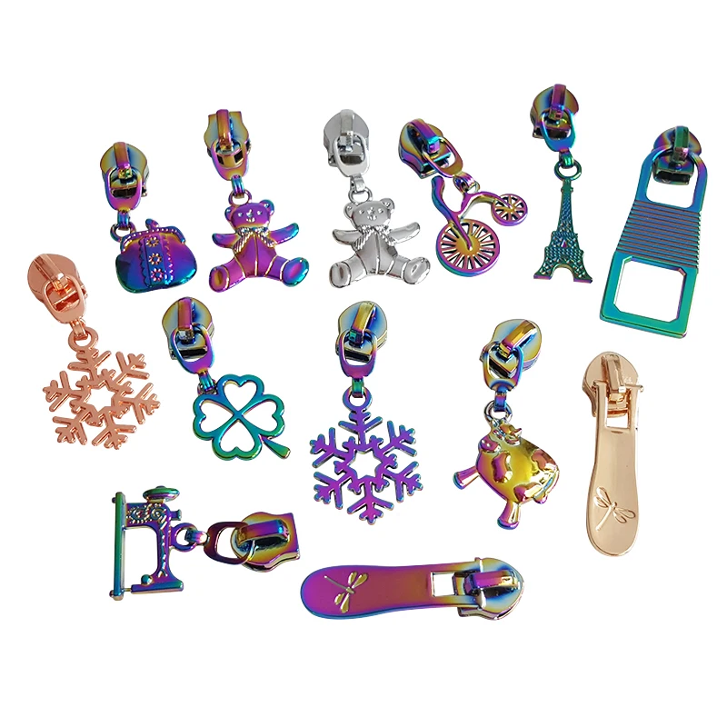 Exquisite Rainbow Color Metal Zipper Slider Custom Zipper Pull Creative Pattern Zipper Puller Nylon Zip Head