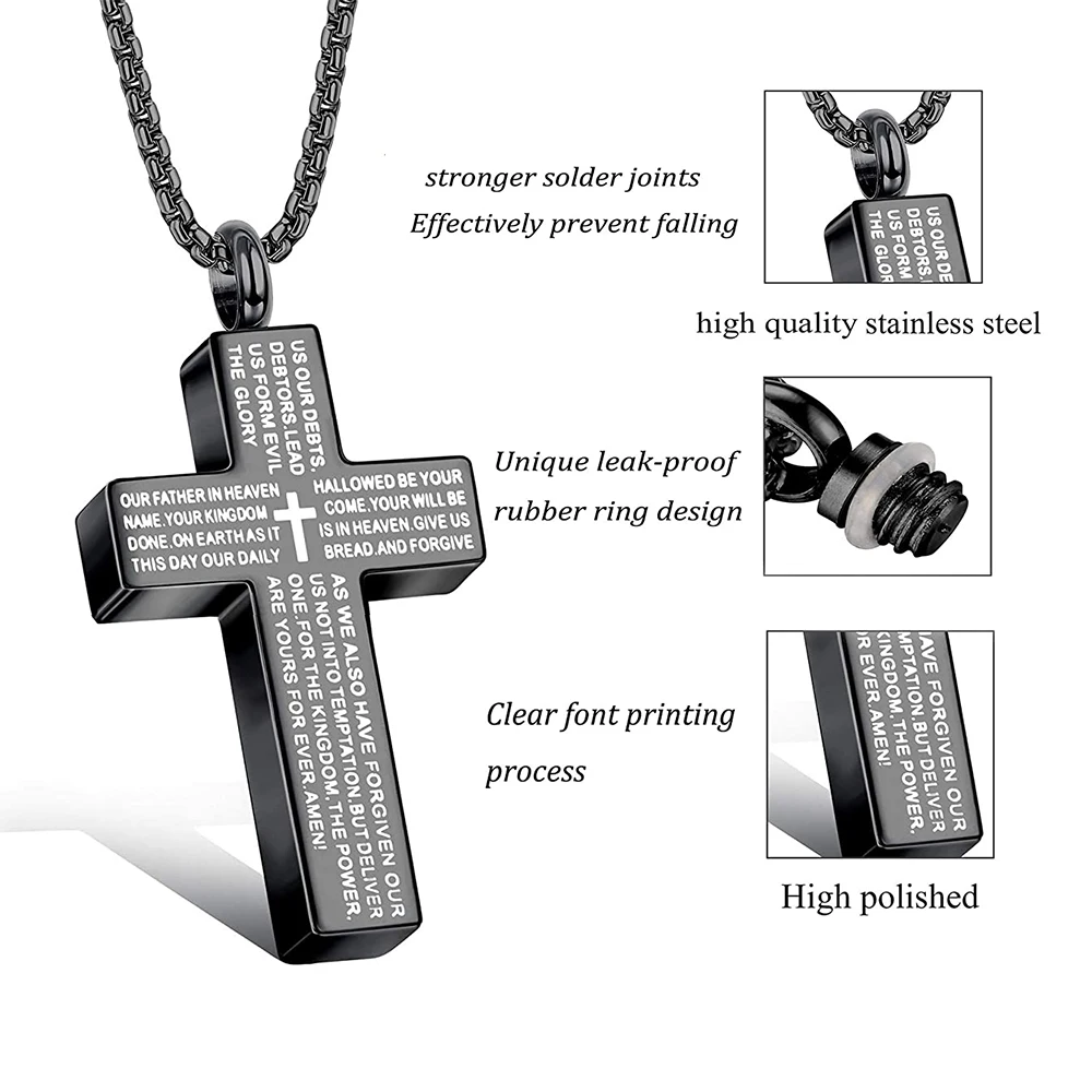 Cross Lords Prayer Pendant Necklace Stainless Steel In Black silver color Male Choker Cremation Urn jewelry for Memorial