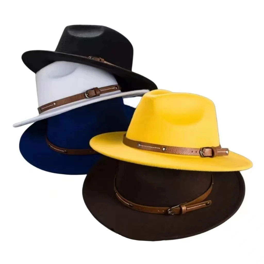 Yellow Wool Hat with Belt Buckle Stylish Blue & Yellow Wool Felt Fedora Hat - Wide Brim Jazz  main image 4