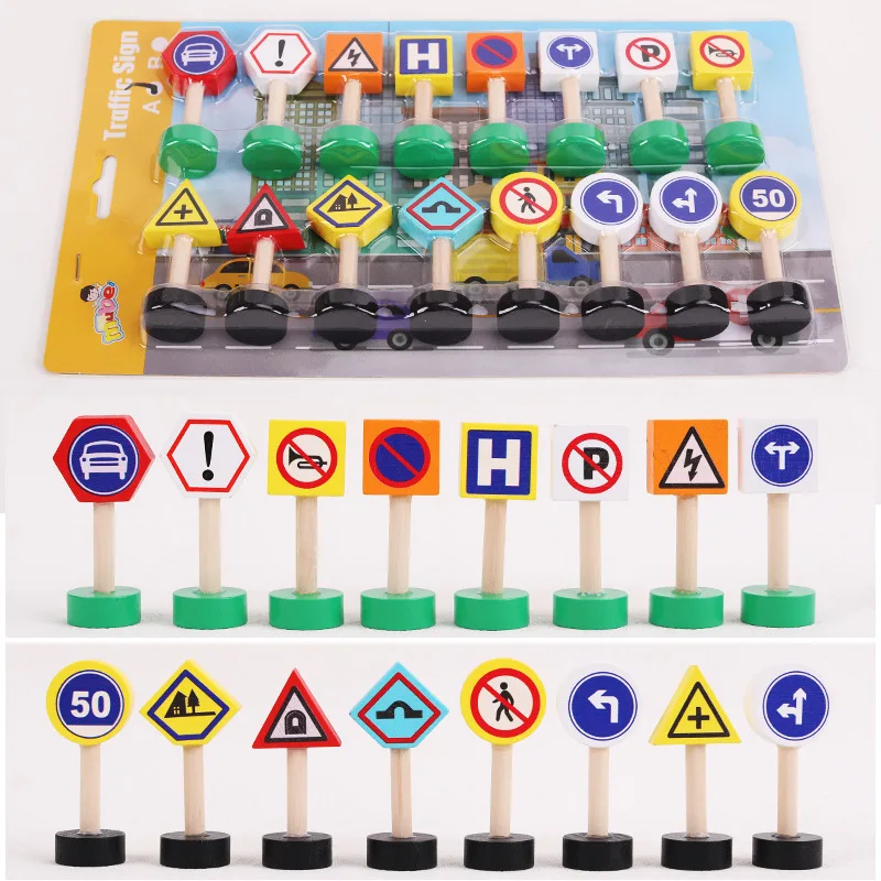 Montessori Education Play Set Kids Wooden Traffic Sign Cognitive Blocks Wood Toys for Cognitive Learning Street Signs Play