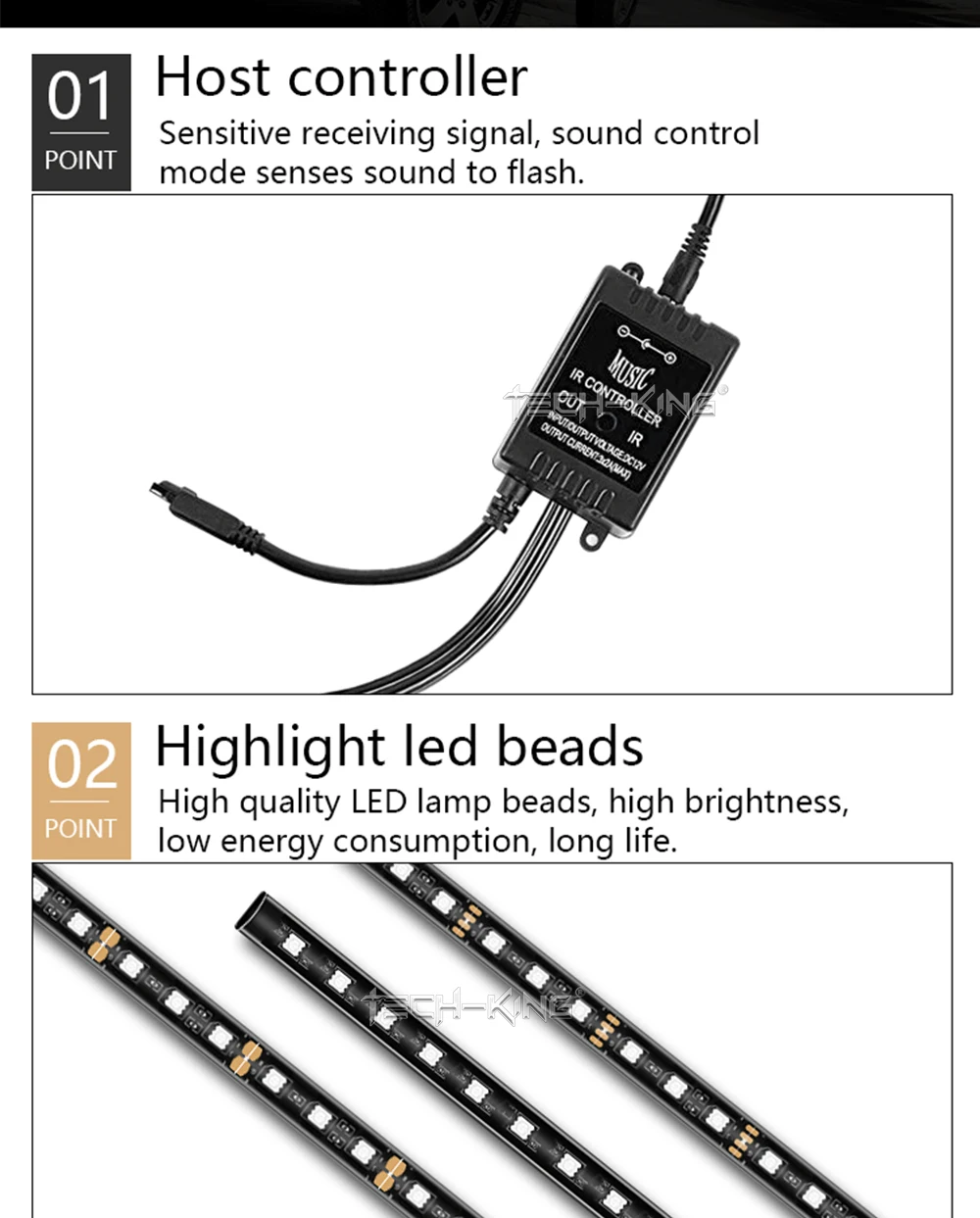 Car cigarette lighter USB plug Interior Lights Strip Decoration Bar Remote/Voice Control 48 LED RGB Car Foot Ambient Light