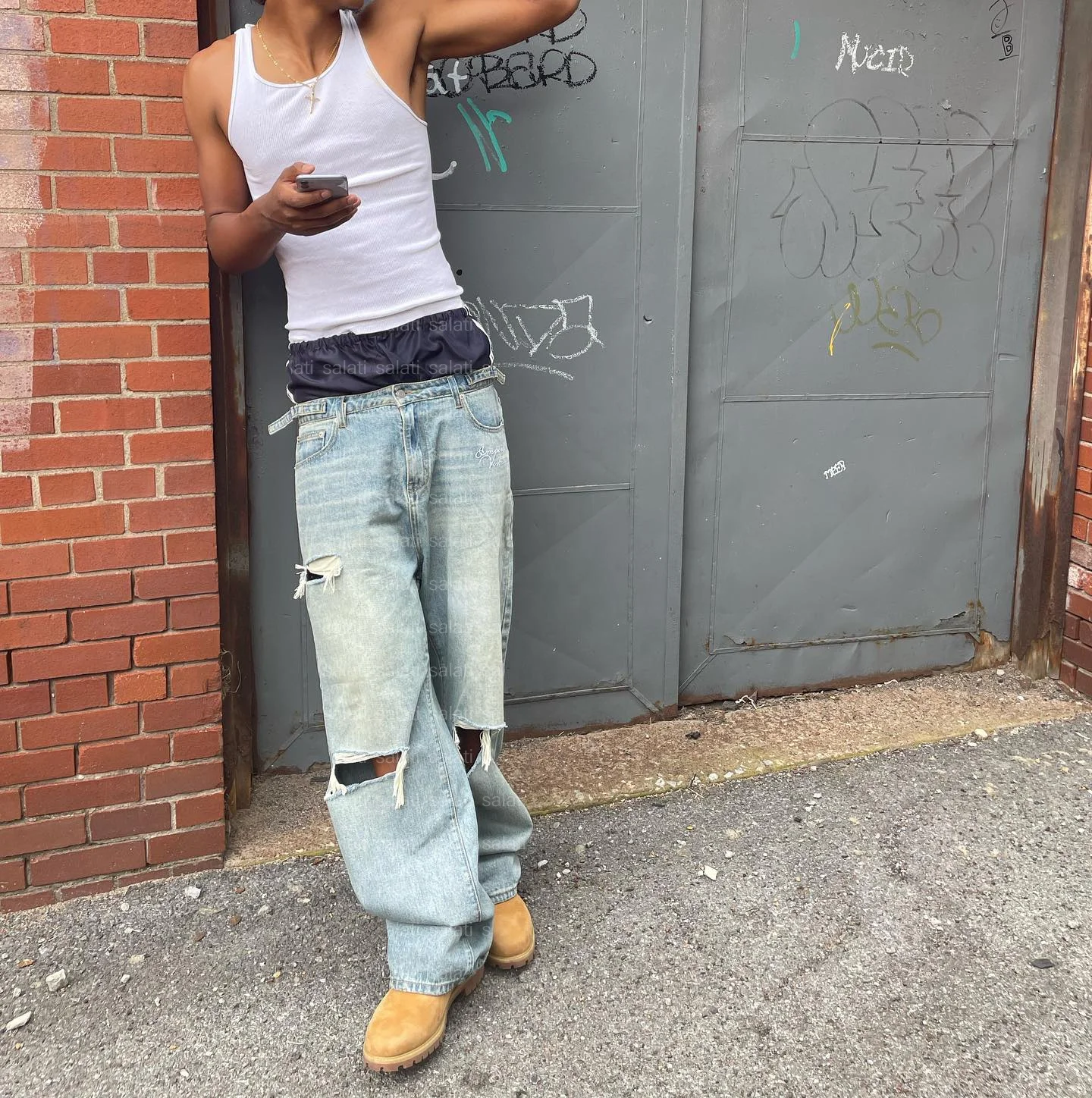 Custom Designer High Waist Wide Blue Skater Oversized Double Waist Ripped Distressed Vintage Acid Washed Baggy Denim Jeans Men gallery 3