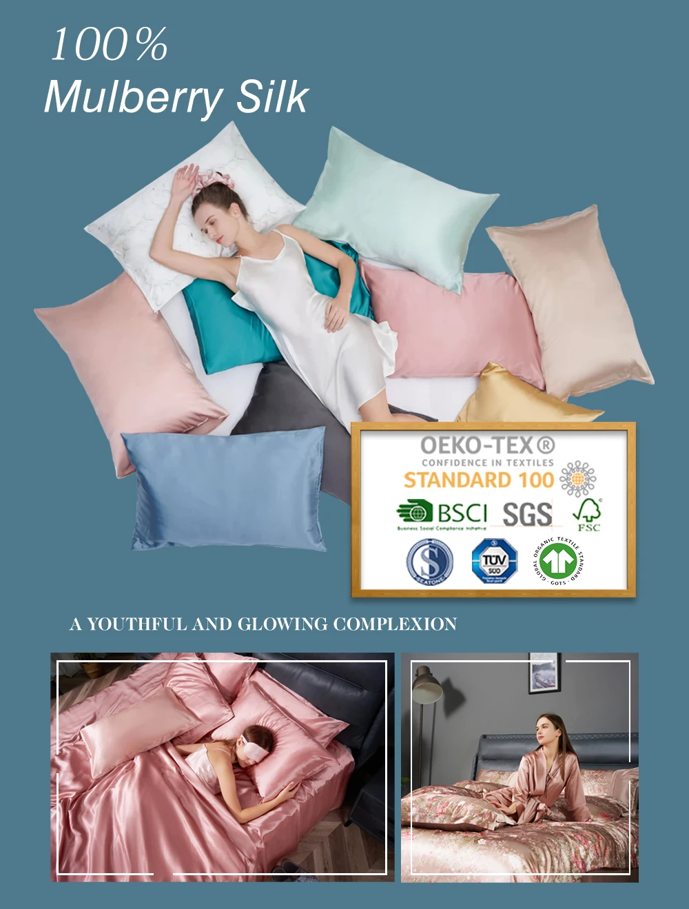 Oekotex 22 Momme 100 Mulberry Silk Pillowcase New Colors Custom Logo