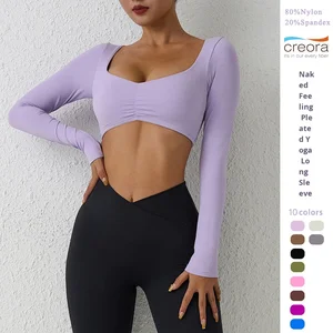 European American Cross-border Naked Feeling Nine Quarter Sleeve Spandex/Nylon Sweat-Wicking Yoga T-shirt Tight Pleated Yoga Top