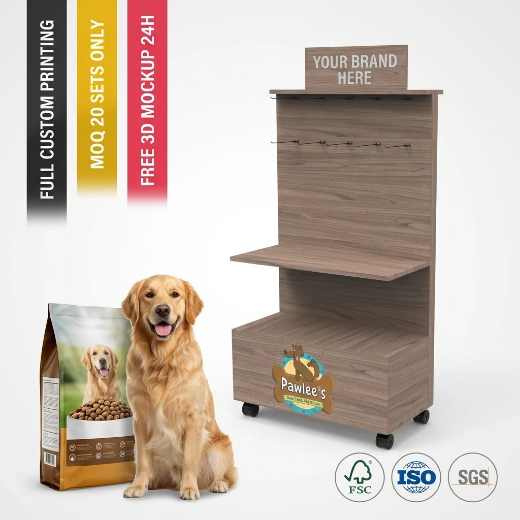 Wholesale Custom Wooden Pet Food Display Rack Floor Standing Dog Treat Merchandiser Stand with Hooks Pet Shop Retail Fixture OEM