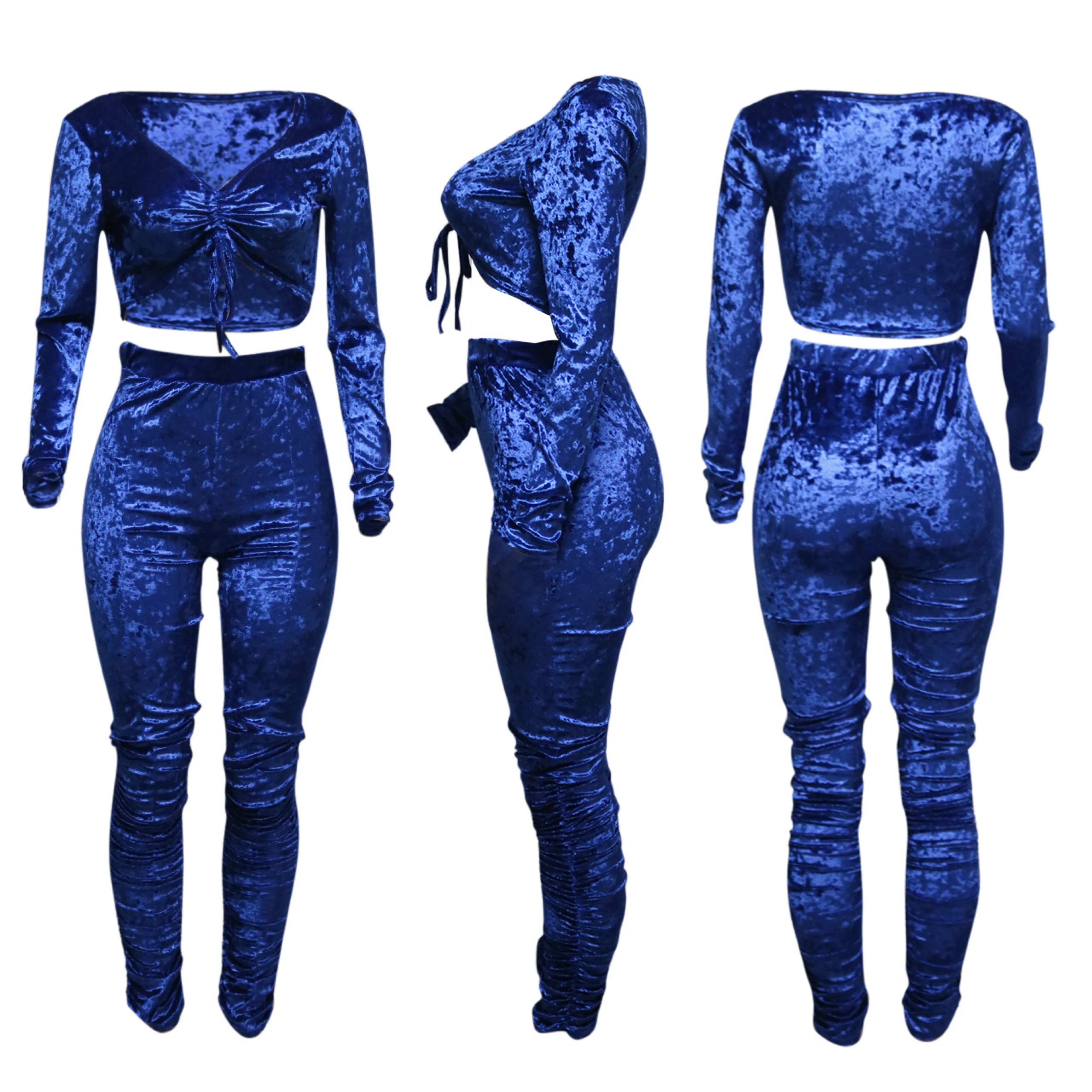 Fall Two Piece Set 2021 Trousers and Pants V-neck Solid Color Crop Top Winter Women Clothing