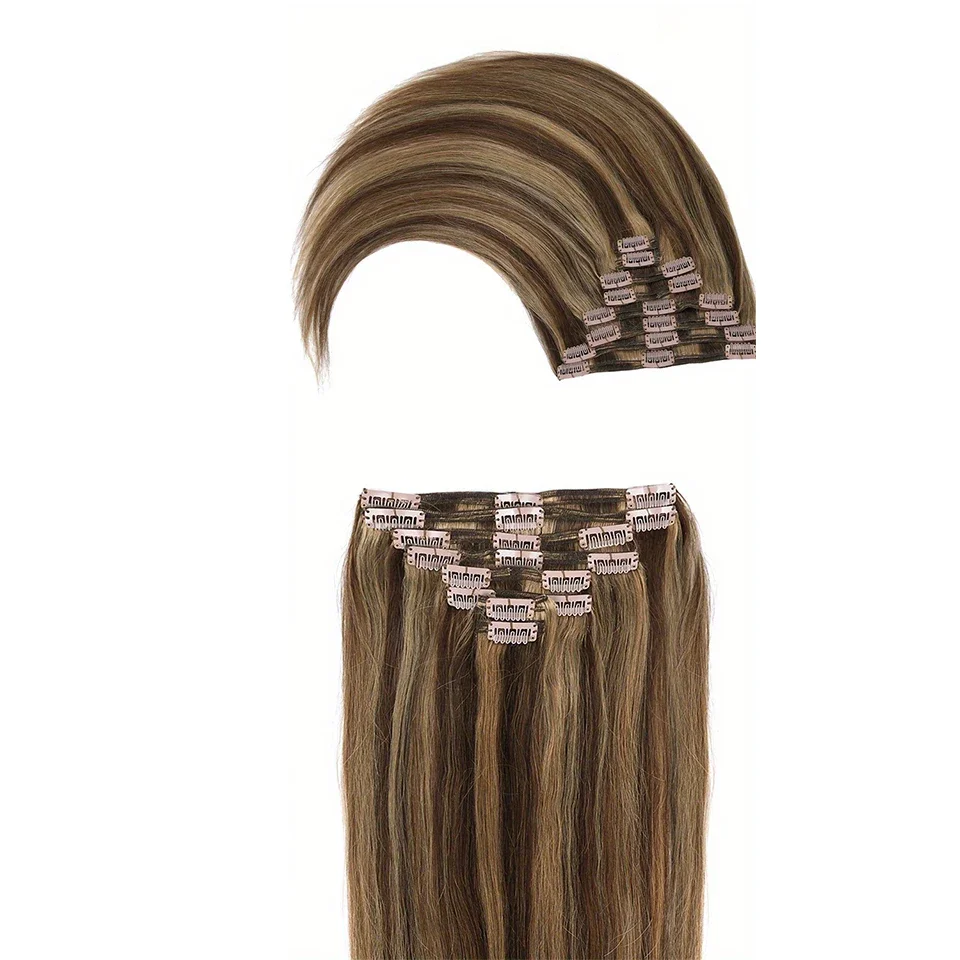 8-teiliges, doppelt glattes Remy-Haar, 100 % Echthaar, 18 Clips, Dunkelbraun, Schmutzig-Blond, Kopf verdickt, weich, glatt_voghion.com