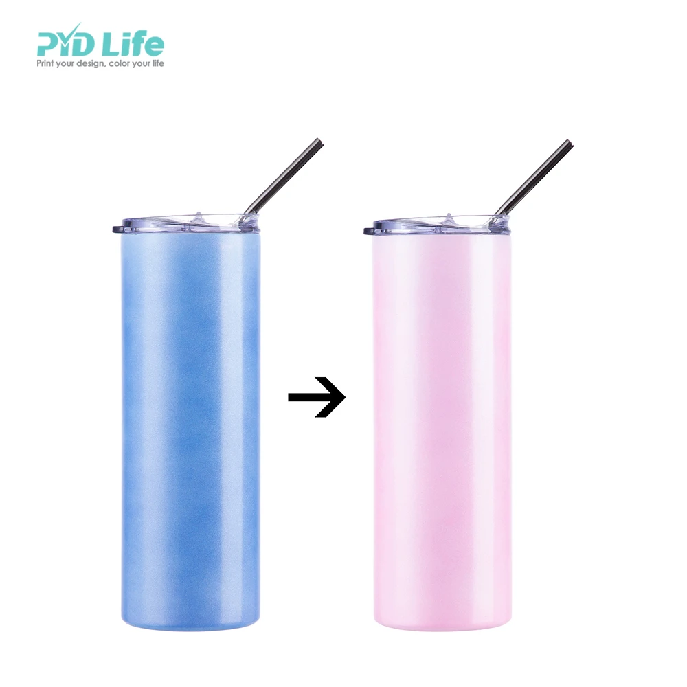 PYDLife Wholesale Heat Sensitive Color Changing 20oz 600ml Skinny Tumbler Sublimation Chameleon Skinny Tumbler with Metal Straw