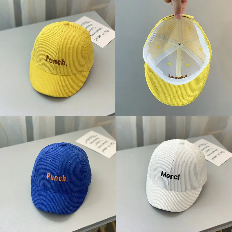Korean autumn and winter baby corduroy peaked cap children alphabet casual hat trendy boys personality short brim baseball cap