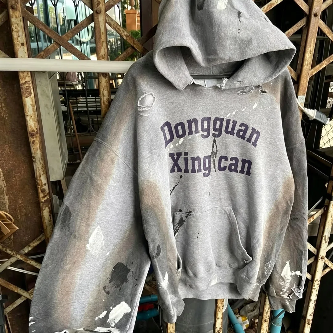 vintage hoodie til gadebrug i 100 % bomuld, tung vægt – løst fit, brugerdefinerbar med silkskærmtryk og LOGO-bogstaver