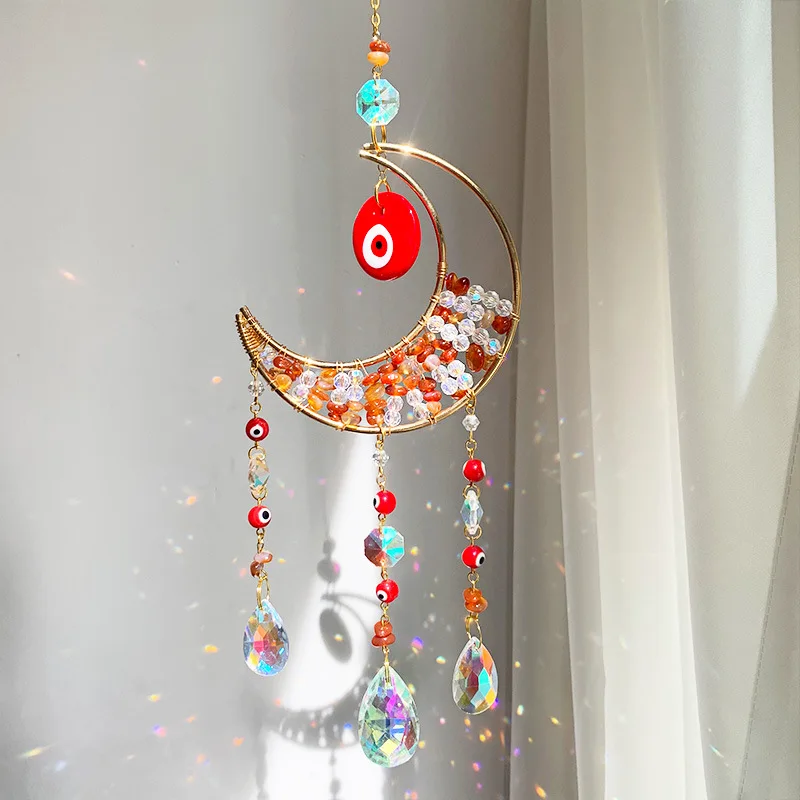 product new design rose quartz moon sun catcher with evil eye ornament home decor wall hanging car ornament crystal sun catcher-3