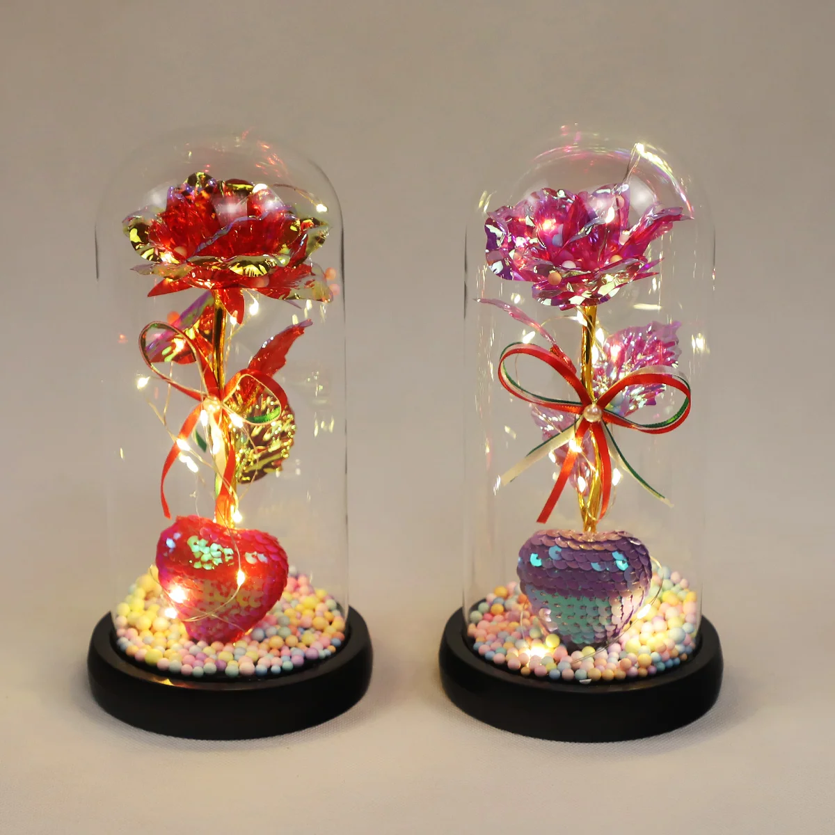 Cadeaux amusants pour la saint-valentin, dôme en verre transparent, lumière LED et base, fleurs artificielles pour noël