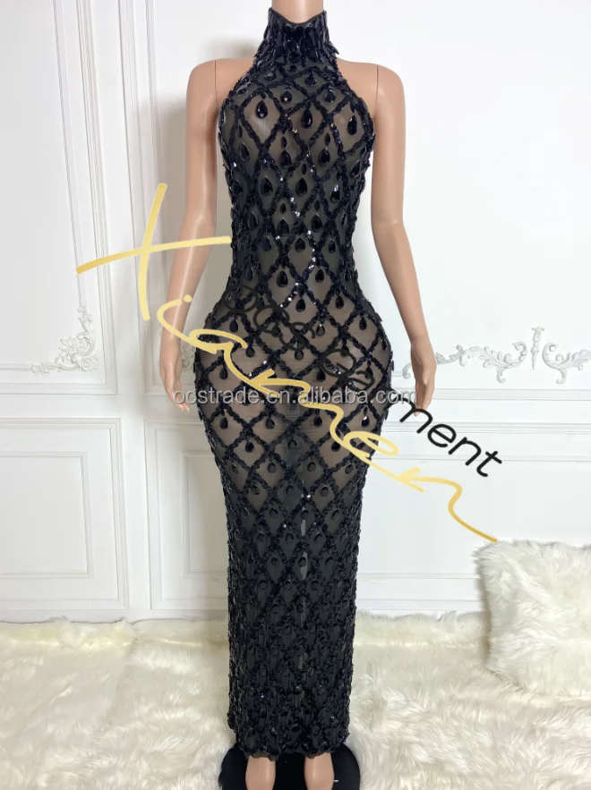 Ocstrade Hot Selling Elegant Black Rhinestone Diamond Luxury Studded Mesh  Hollow Out Dress Long Gowns for Women Evening Dresses - Main Image
