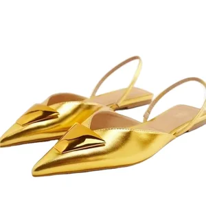 Custom Luxury Leather Metal Silk Ribbon Pointed Head Designer Shoes Sandal for Women and Ladies Flat Shoes Femmes Fashion