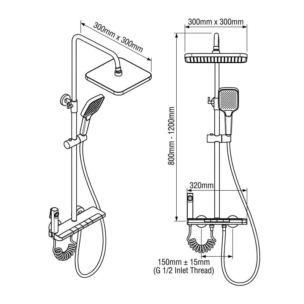 Dual shower head configuration on aluminum column Wall mounted shower system showing rainfall head and handshower