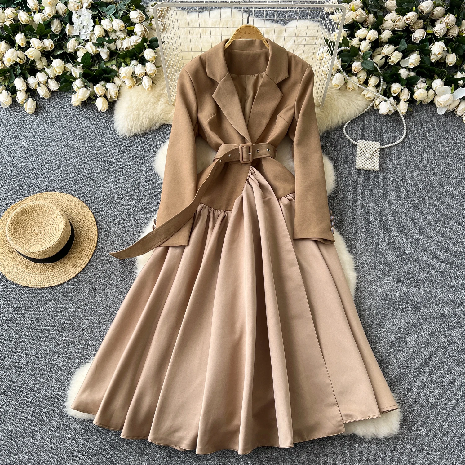 Fall Turn-down Collar Tunic Bandage Blazer Midi Dress