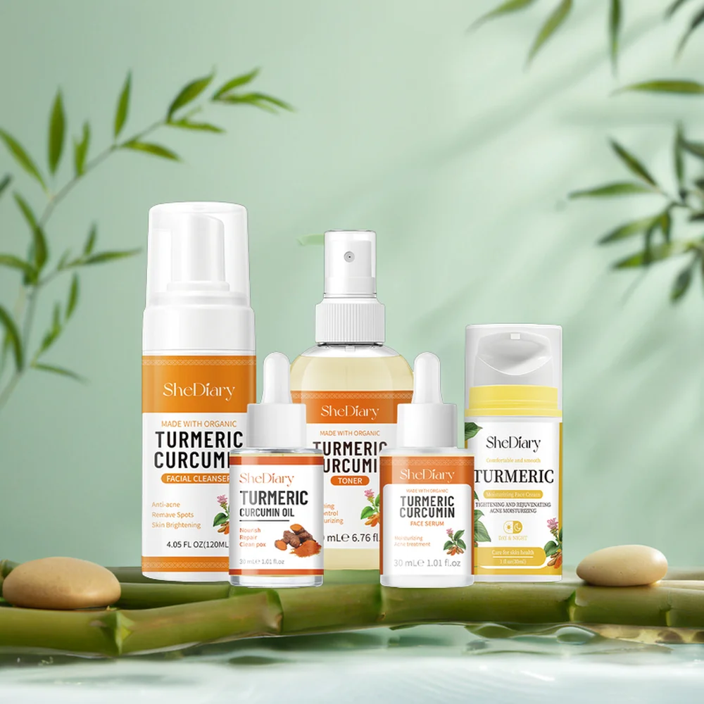 Set de cuidado de la piel con cúrcuma de marca privada, suero tónico facial antiacné personalizado con blanqueamiento de vitamina C, 5 piezas