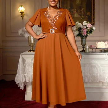 AM050508 Summer Sexy Lapel Collar Short Sleeve Beading a Line Brown Plus Size Maxi Women's Evening Manufacture Dress with Belt