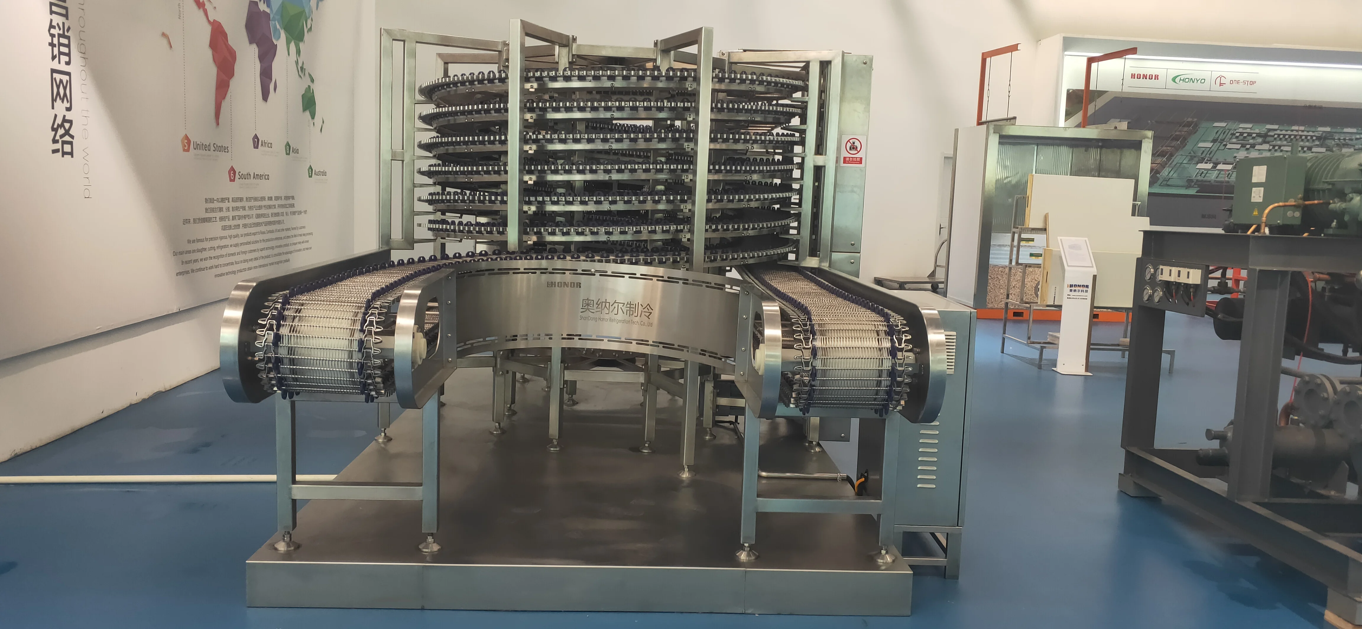 Food grade spiral freezer for meat and seafood processing