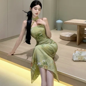 New Chinese Traditional Clothing Style Women Ladies Hanging Neck Waist Slim Fit Qipao Elegant Woman Dress Cheongsam for Woman