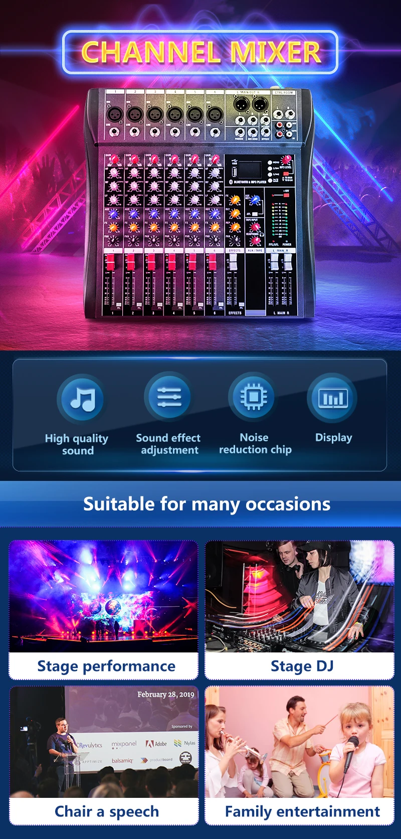 6-channel professional audio console DJ mixer with Blueteeth sound mixer audio karaoke phantom power 48V